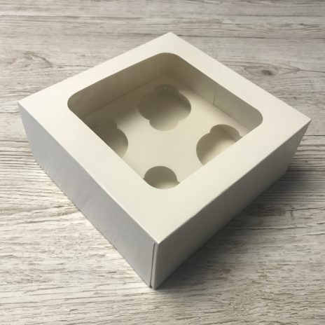 White cupcake box with window, holds four cupcakes